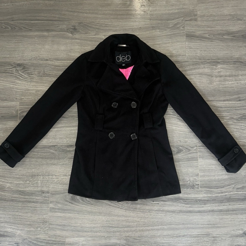 Y2K 2000s deb Women's Black Mid-Length Pea Coat Pink Lined Button Front Size M